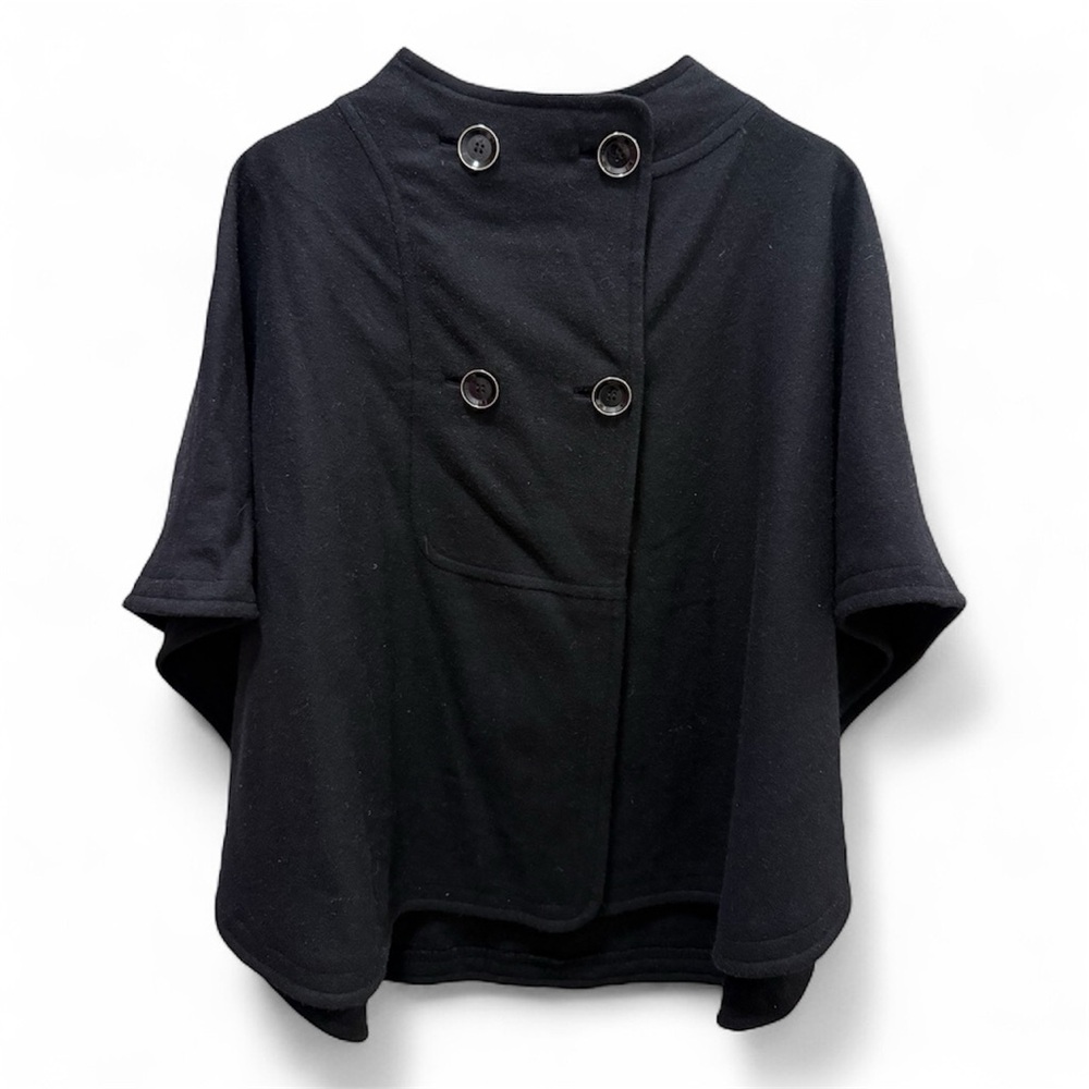 Ann Taylor Black Wool-Blend Cape Jacket – Button Front Poncho Style